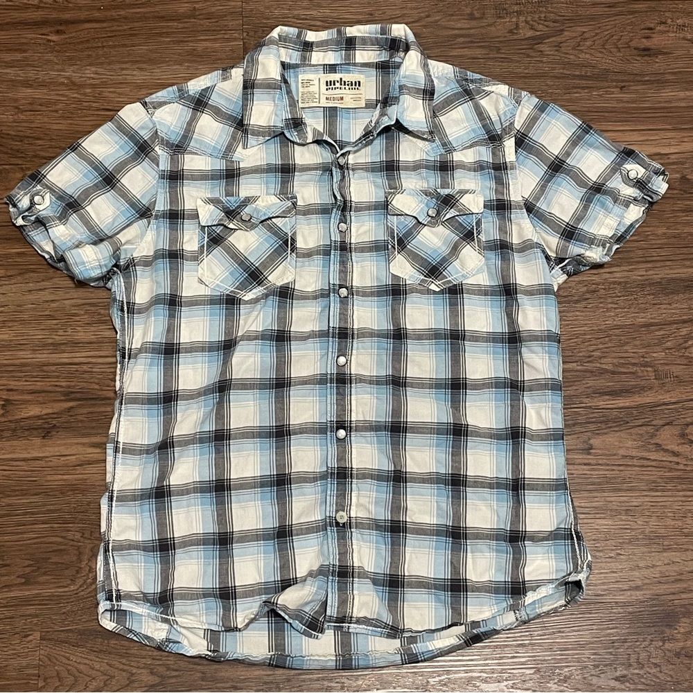 Urban Pipeline Plaid Men's Short Sleeve Shirt Blue White Gray Medium